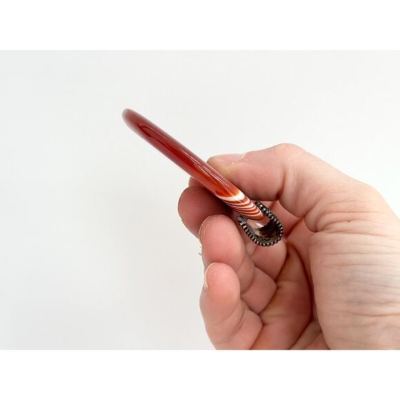 Golden Banded Agate Crystal Oval Shaped Large Silver Toned Vintage Pendant - Picture 7 of 12